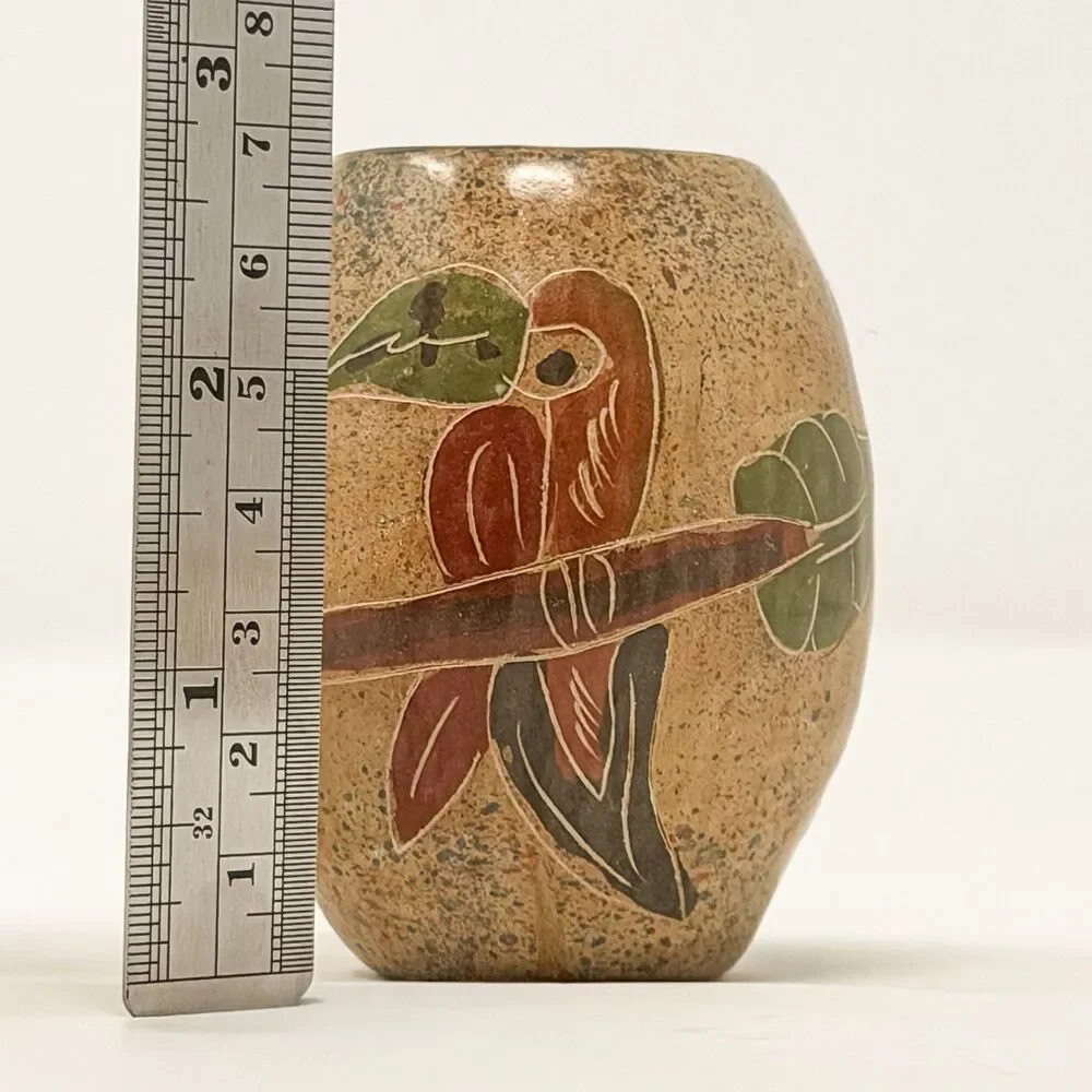 Vintage Hand Painted Parrot Pottery Vase Small Tropical Bird Decor